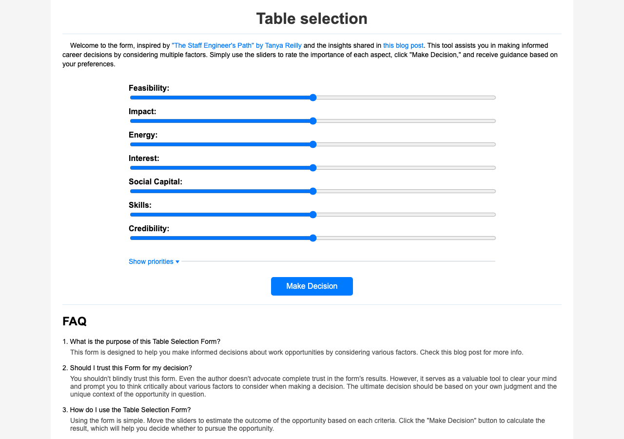 Table Selection decision tool screenshot